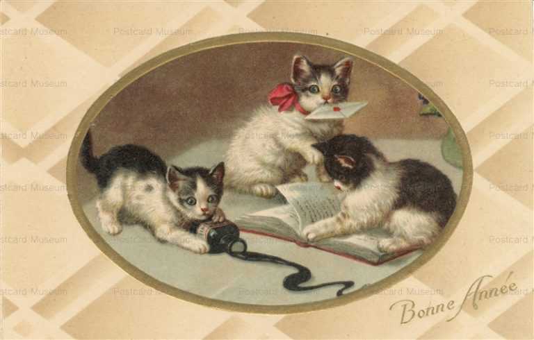 acc026-Cat kittens play w INK Botlle Letter1930s Bonne Annee Pittius