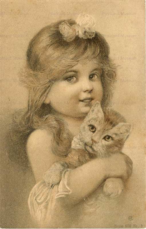 acc029-SUPERB YOUNG GIRL W. KITTEN POSTCARD 1900 BY CHR