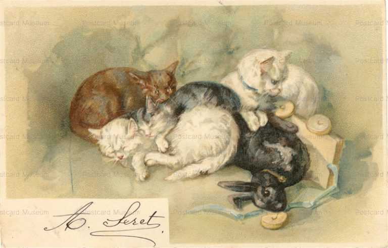 acc030-Cat sleep with RABBIT Toy 1900s LITHO