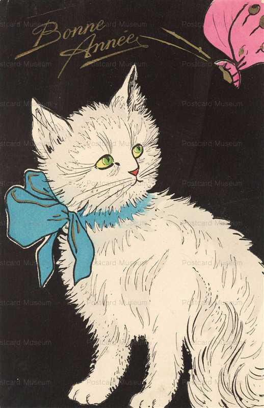 acc033-Cat play w Butterly Art Deco old 1920s Bonne Annee