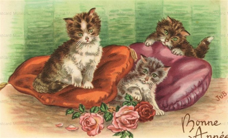 acc046-JUB 3 Cat in Pillow Rose Flower 1930s Bonne Annee M.D Serie 3350,Paris