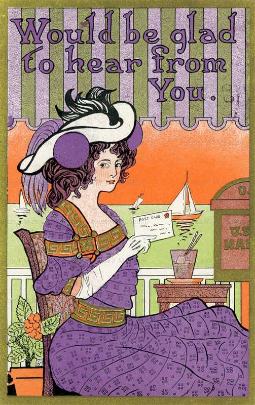 ad250-Pretty Woman Holding Postcard Big Hat