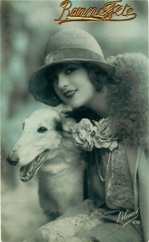 adb030-Flapper Stilish Lady with Borzoi Dog Bleuet