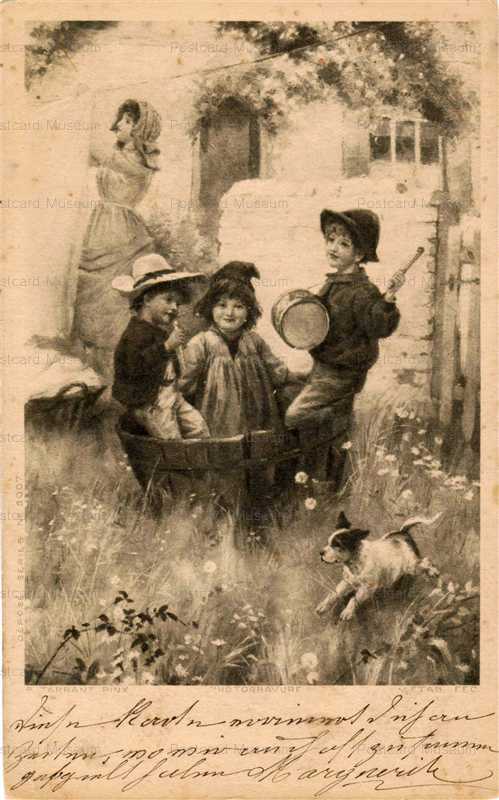 adb038-Children Child Playing Drum Dog Jack Russell Terrier the Play in the Barrel