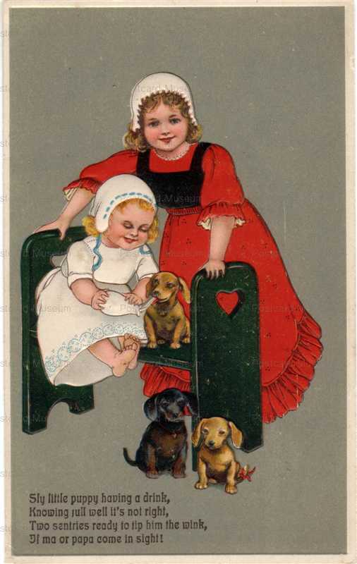 adc004-Dachshund Pups Little Girls Children Dog Embossed