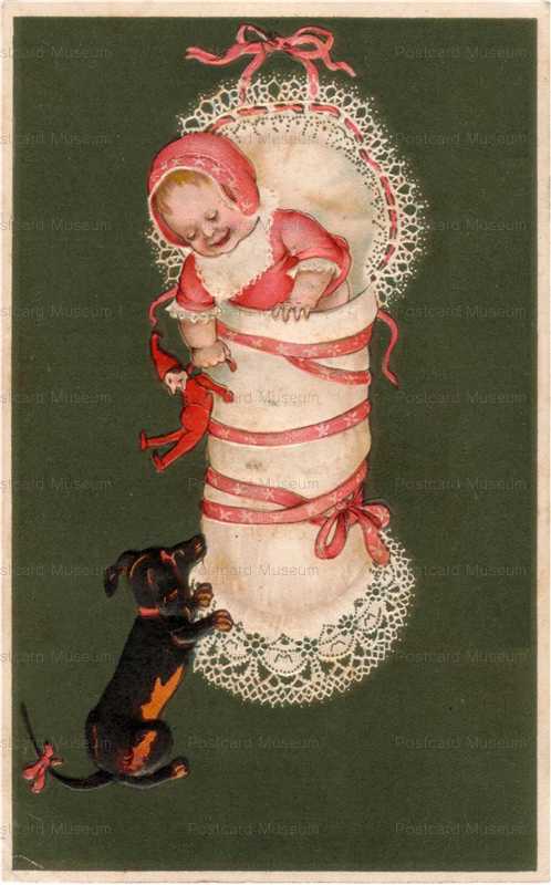 adc021-Artist Rendered a Dachshund with a Baby Holding a Doll and Wearing Pink Bonnet P B F