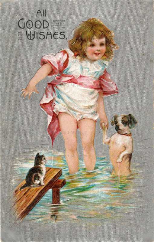 adc054-Jack Russell Terrier Dog in Water with Girl and Cat