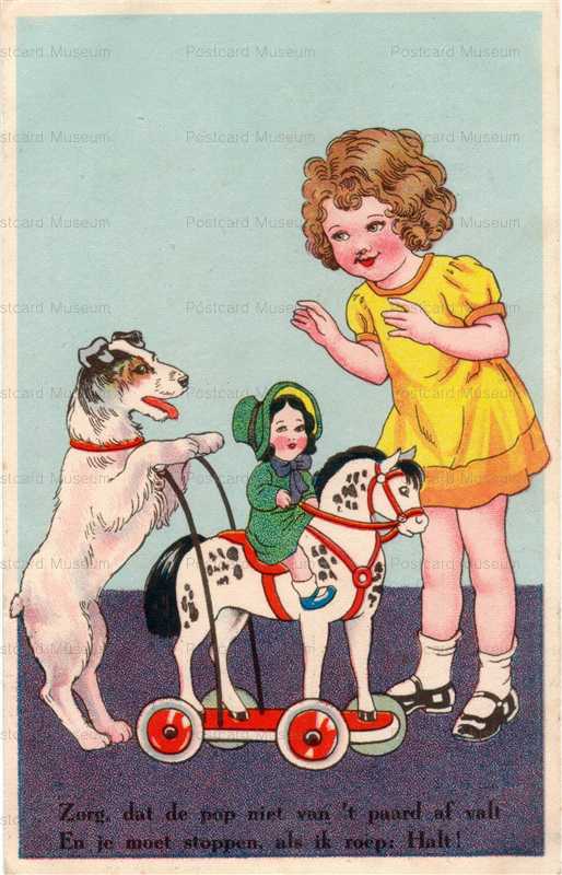 adc066-Girl Dog Doll Wooden Horse