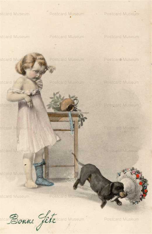 adc150-Dachshund Dog Steal Flowers to Girl Bonne Annee V K Vienne