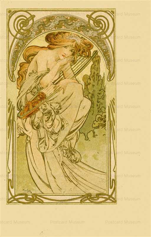 am087-Harp and Woman 1899 Alphons Mucha | 絵葉書資料館