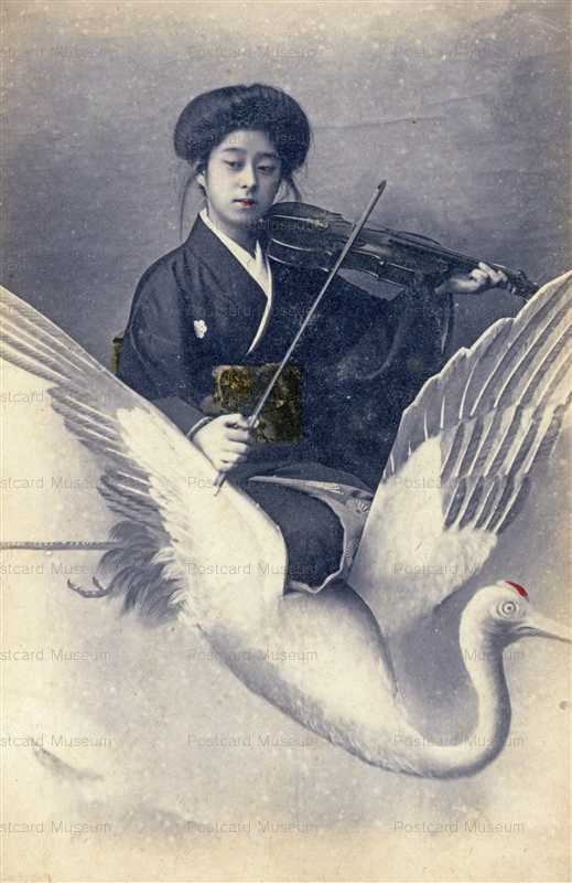 bh005-鶴に乗りバイオリン弾く女性