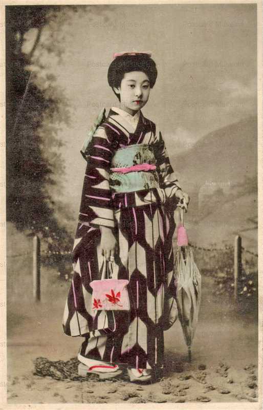 bj035-束髪美人 洋傘と矢絣