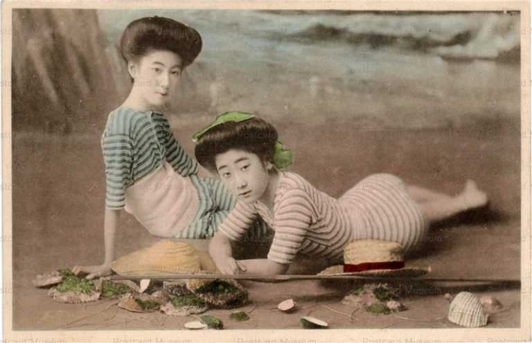 bs014-水着腹巻二人 櫂 麦藁帽子