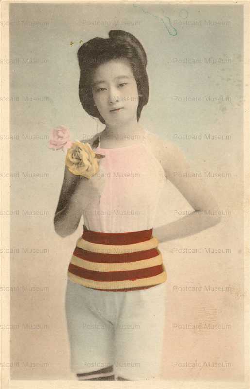 bs115-薔薇持つ水着美人 縞腹巻