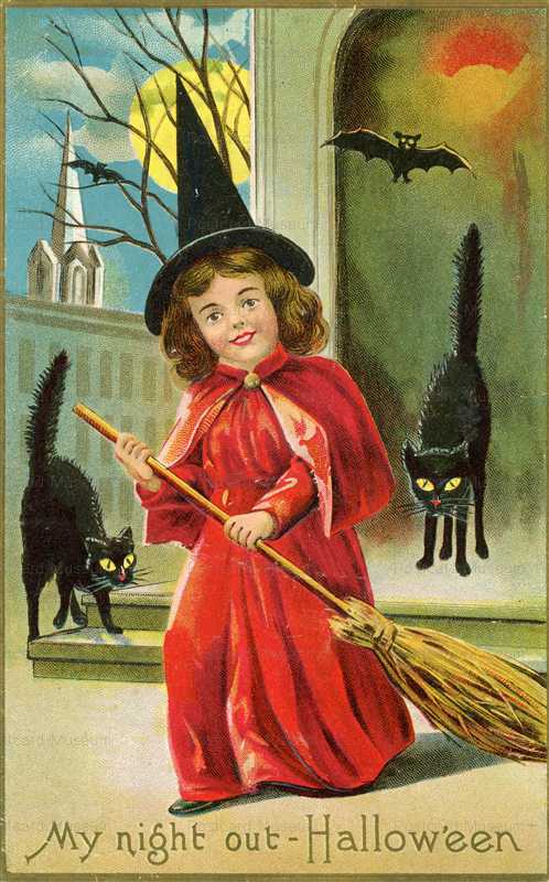chr060-Halloween Little Girl Witch on Broom & Black Cats c1910