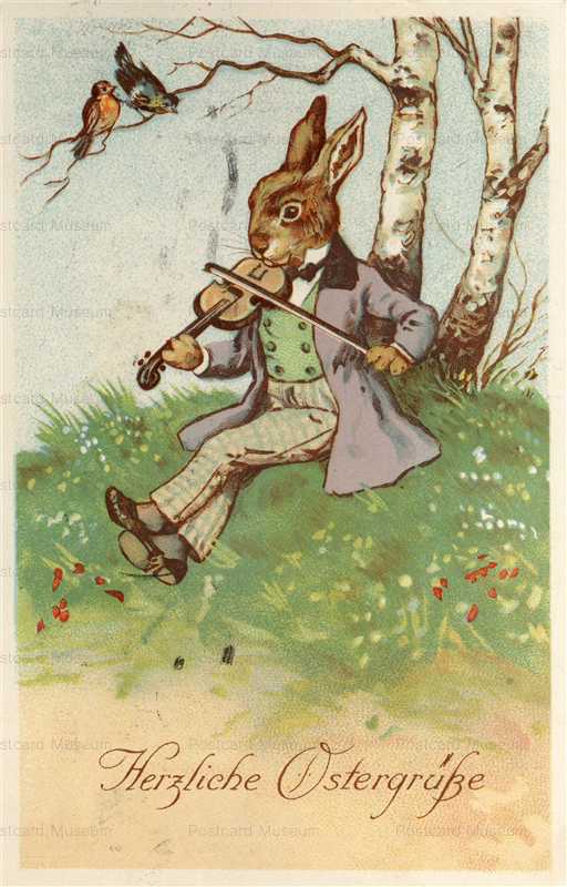 e044-Easter Rabbit Playing Fiddle Under Birch Tree