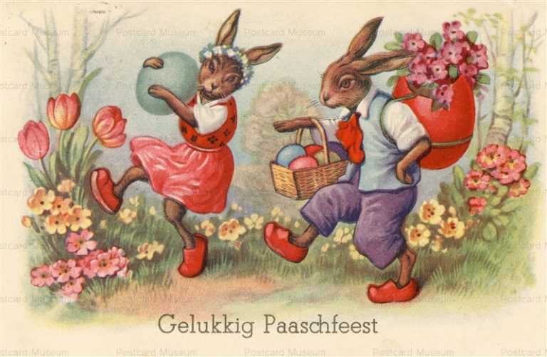 e046-Easter Rabbits with Eggs & Flowers