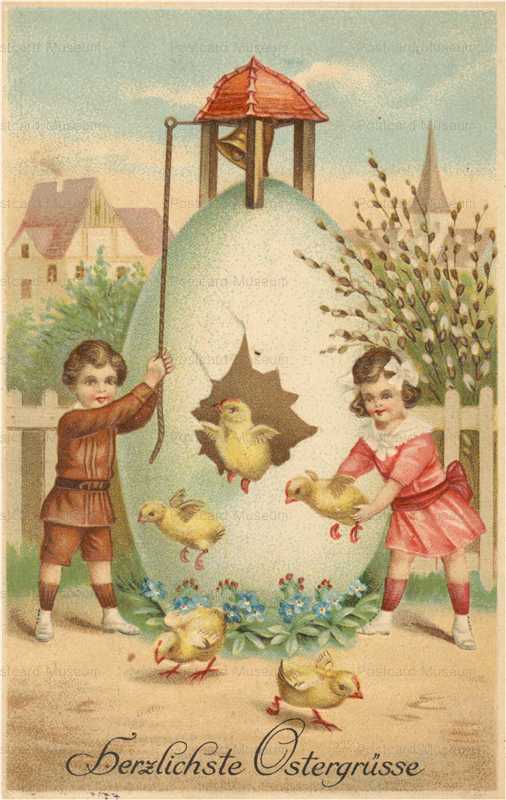 e056-Easter Chicks&Bell Set on Egg