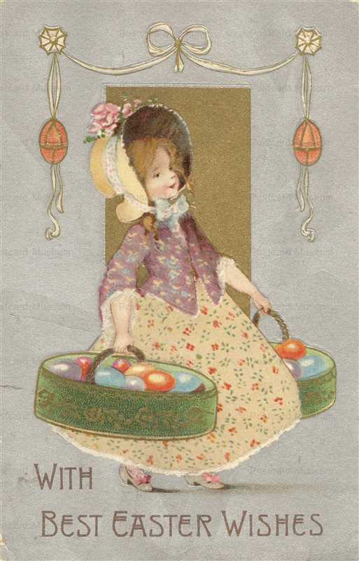 e080-Easter Postcard Child Girl Basket Bonnet Eggs