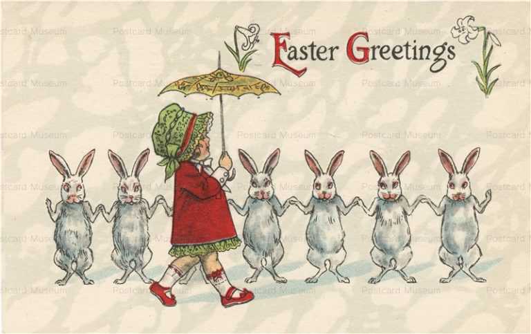 e150-Easter Girl with Umbrella Row of Rabbits