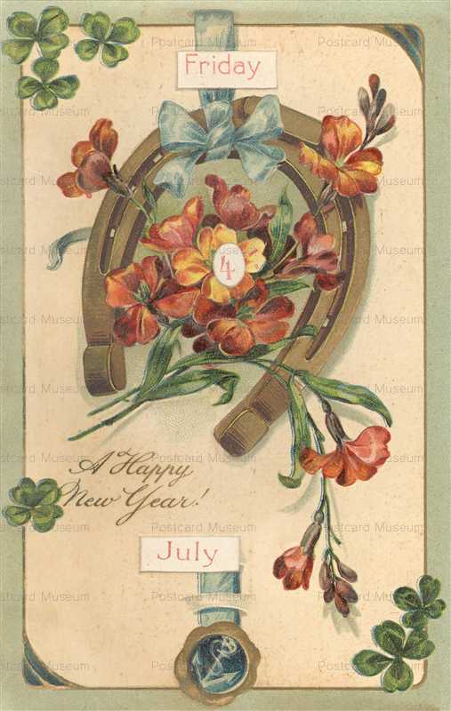 em-Old Mechnical New Year Postcard Horseshoe Shamrocks