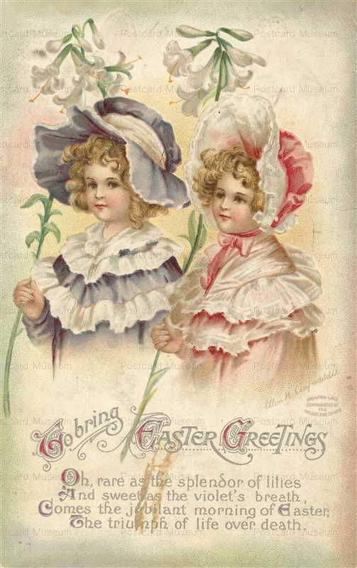 em531-Easter Girls Purple & Pink Dress Clapsaddle Ellen Clapsaddle