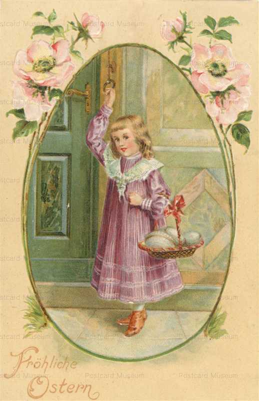 em533-Easter Girl in Purple Dress & Basket with Eggs