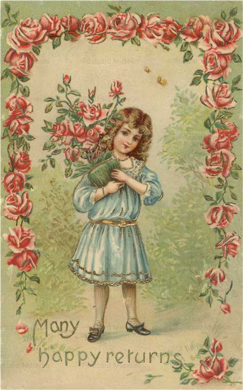 em542-Girl Hold Roses Many Happy Returns