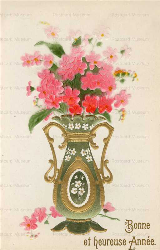 em800-French Flowers in Fancy Green Vases Bonne Anne