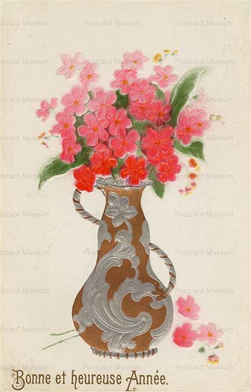 em802-French Red Flowers in Fancy Vases Bonne Annee