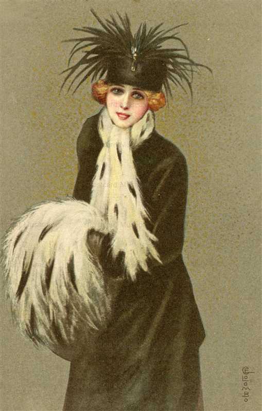 eo040-E Colombo Lady in Feather Hat Far Muff