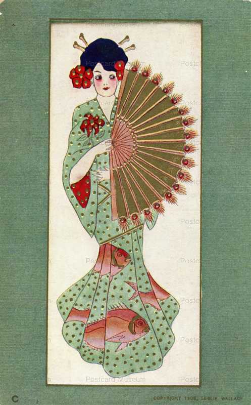 jp170-Geisha Wearing Kimono with Fish