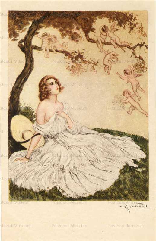 li006-Louis Icart Semi Nude Lady with Cupid