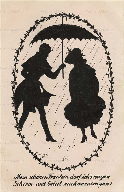 sib031-Romance Couple Umbrella in Rain Silhouette