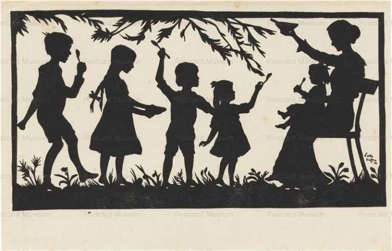 sib675-Silhouette Mother & Children Eating Soup L Hefter