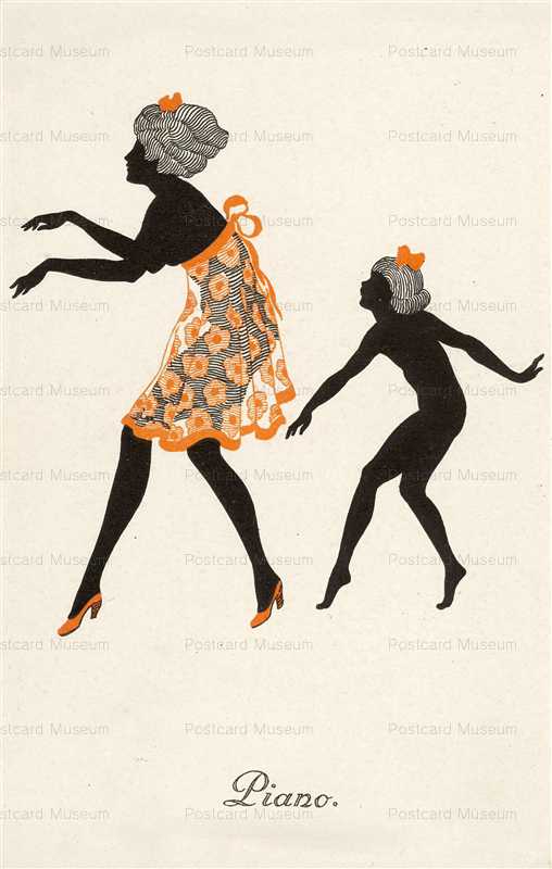 sic220-Silhouette Piano Deco Dancing Lady & Girl Pub