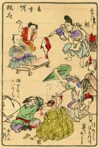 ukk609-暁斎 狂斎百図 一 腐っても鯛 猫に小判 猫の尻へ才槌 で拾って箕であける
