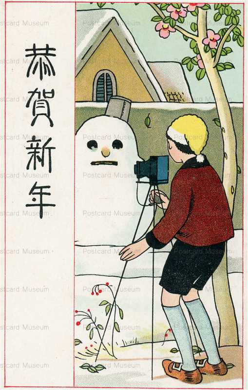 w155-雪だるまのカメラ撮影 アート年賀状