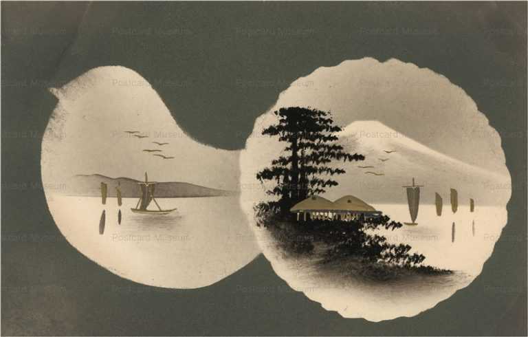 wk032-富士と湖 金黒漆絵