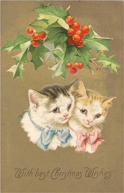 xm044-Christmas Cats with Ribbons Holly & Ivy 1907