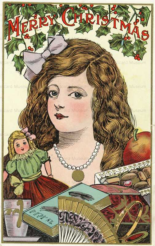 xm063-Merry Christmas Outstanding Victorian Girl with Doll and Toys