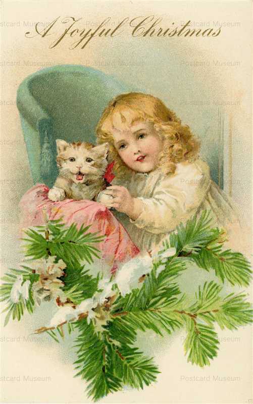 xm200-Christmas Child with White Kitten Embossed