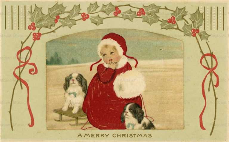 xm210-Christmas Fabulous Silk Inset of Child with Dogs Embossed holly