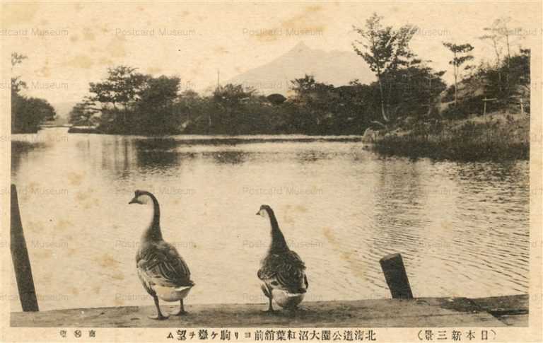 hh1714-Onuma Park 北海道公園大沼紅葉館前ヨリ駒ヶ嶽望ム 日本新三景