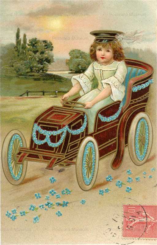 car860-Little Girl Driving an Early Car