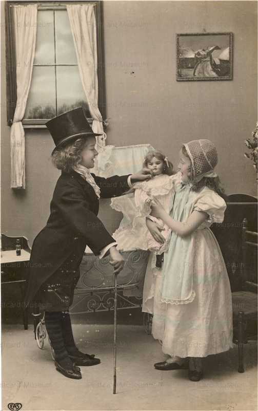 do190-Girl with Silk Hat and Girl Holding Doll