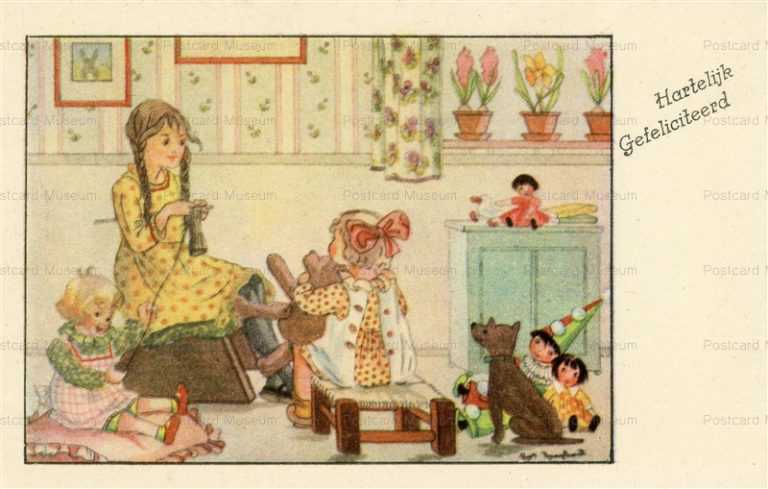 dob1030-Riet Raaphorst Postcard Girls Playing with Toys Dolls