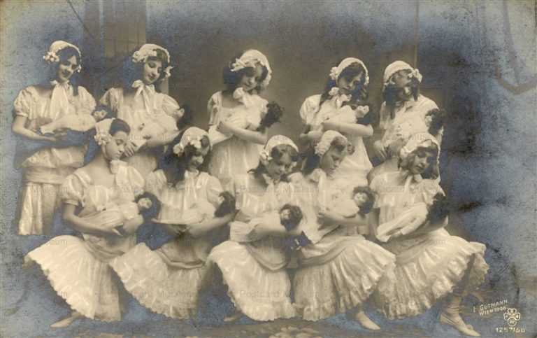 dob150-Victorian Dressed Girls Holding Dolls