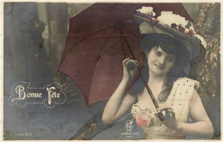 el105-Bonne Fete Lady with Hat Umbrella