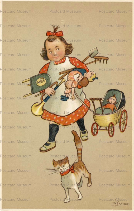 acc002-Girl with Cat Doll in Carriage